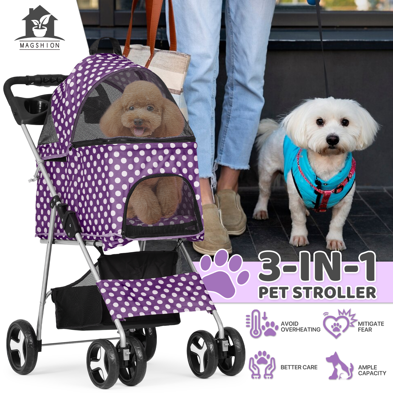 Pet Stroller 4 Wheels,3-in-1 Foldable Dog Stroller w/Storage Basket&Cup Holder
