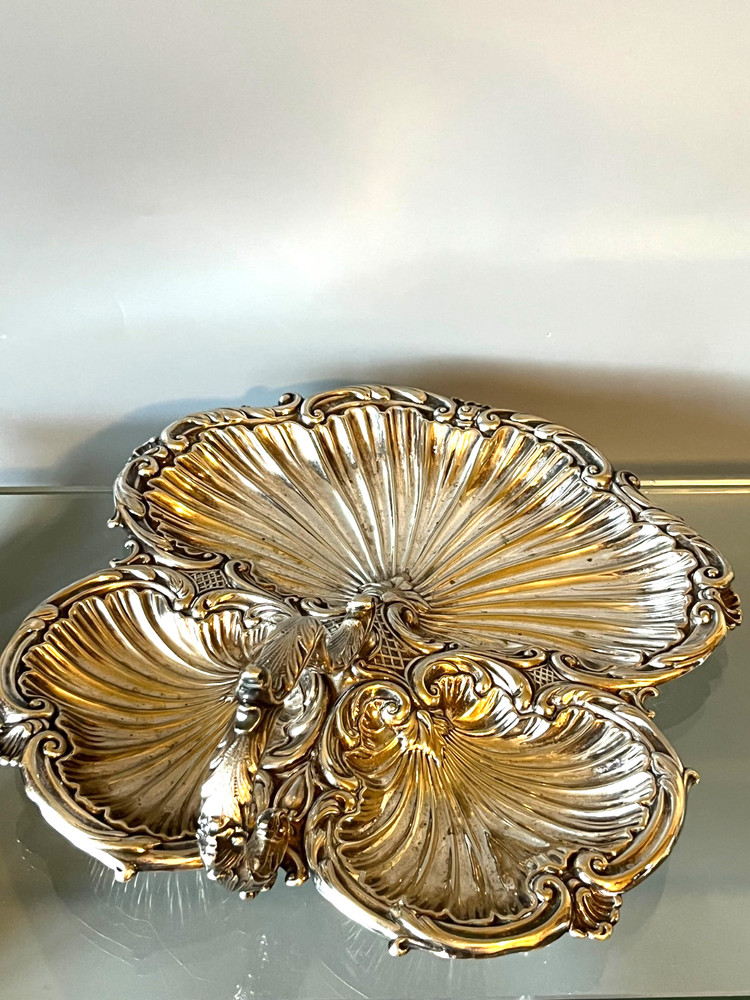Antique Silver Plate Triple Shell Footed Serving Tray