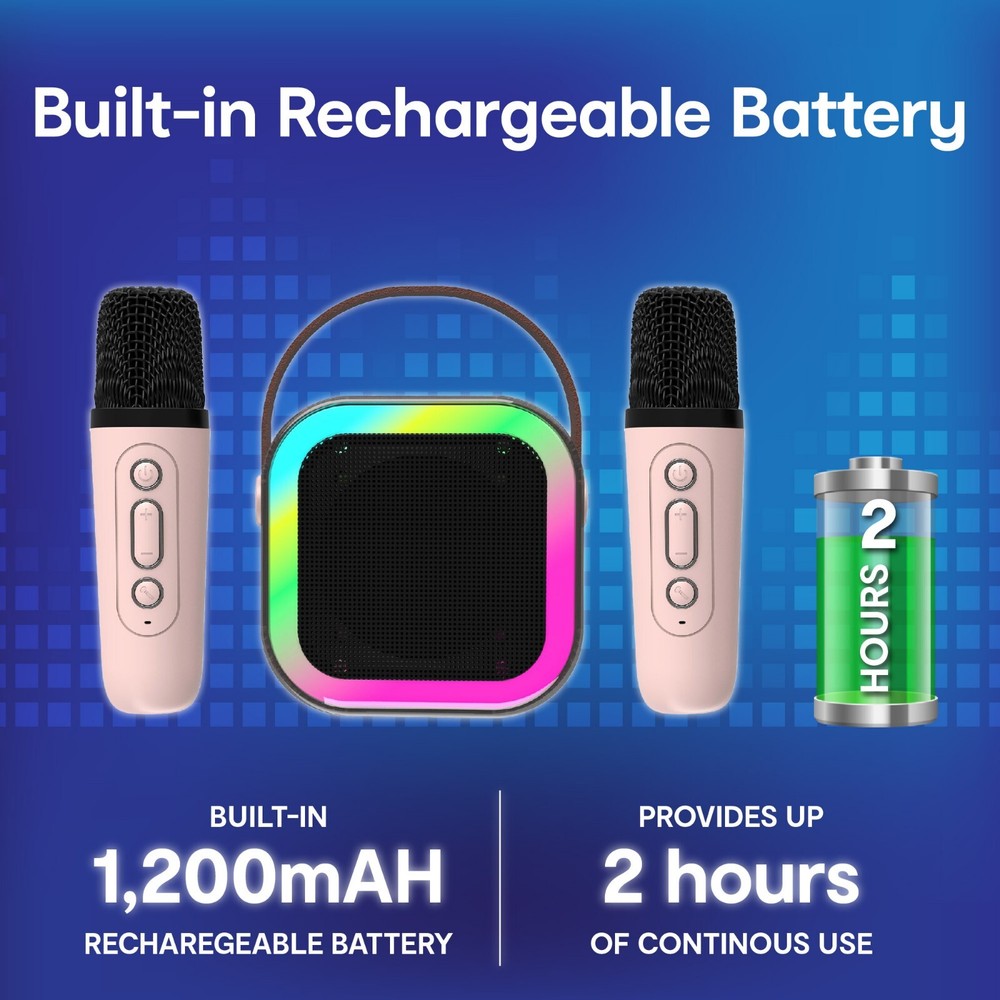 Laser Mini Karaoke Speaker 2 Wireless Mics Bluetooth Pink