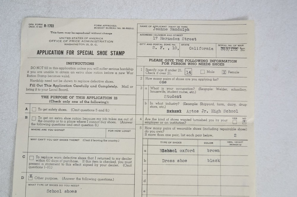 WWII Ephemera, 1944 Application for Special Shoe Stamp, Shoe Ration Application