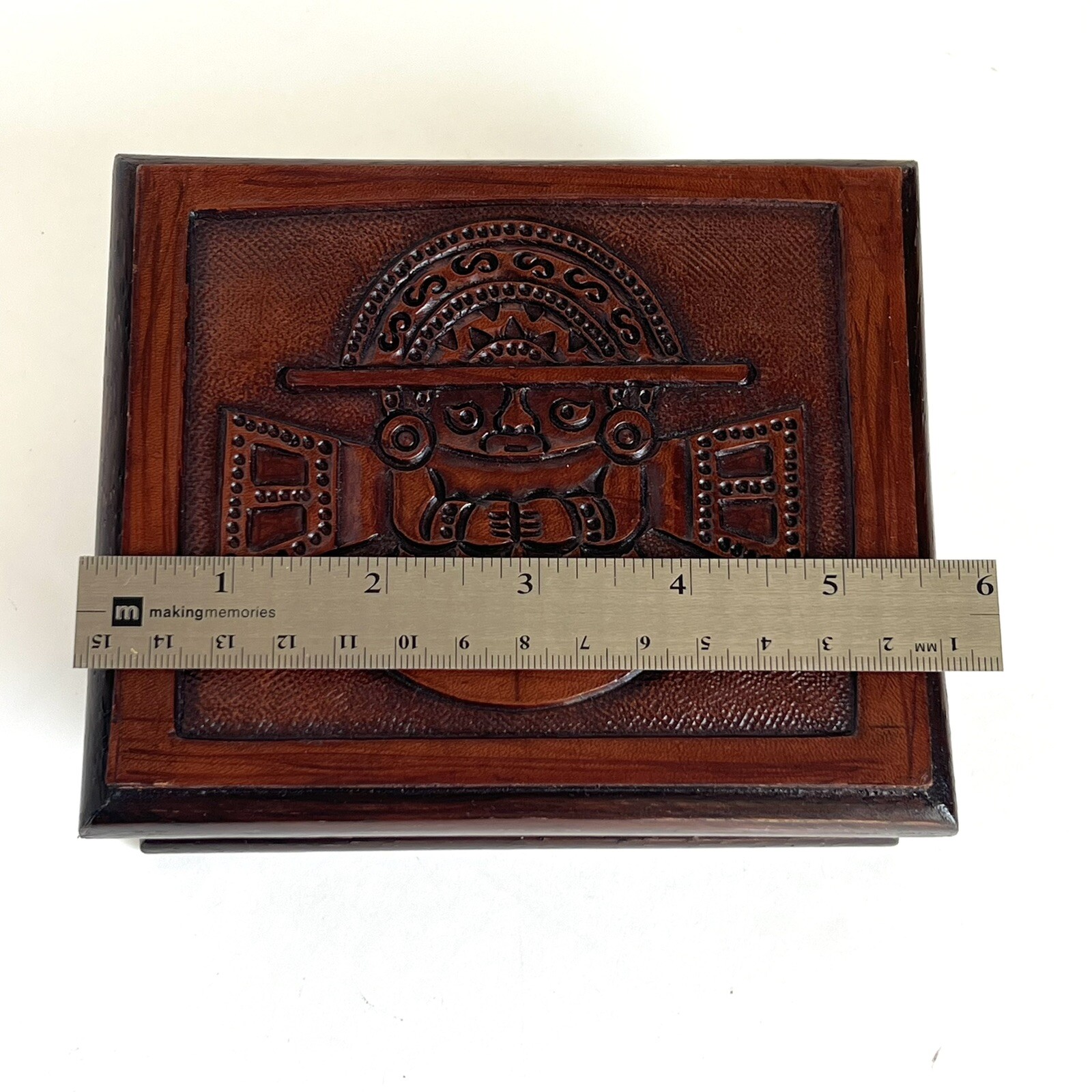 Engraved Wood Jewelry Trinket Box Peruvian Inca God of Creation With Mirror 5.5