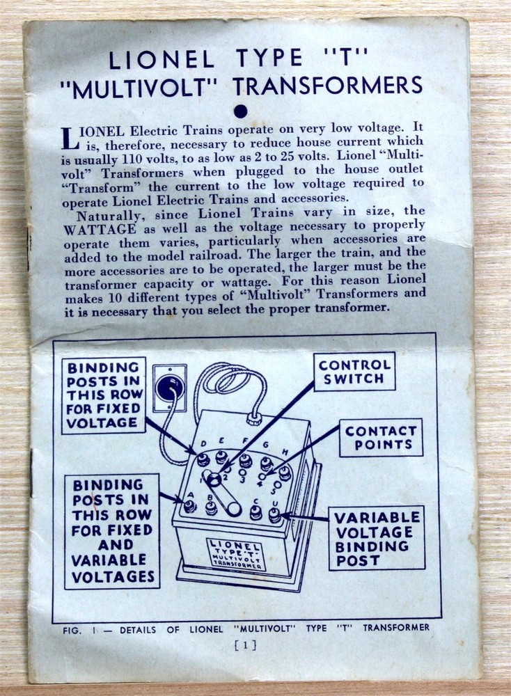 Genuine LIONEL Type "T" Multi-Volt Transformers Instruction Manual/Pamphlet