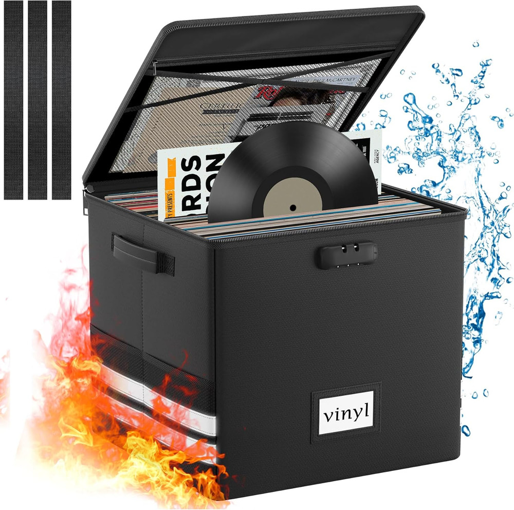 Vinyl Record Storage Box with Lock - Fireproof Waterproof 12" Record Organizer