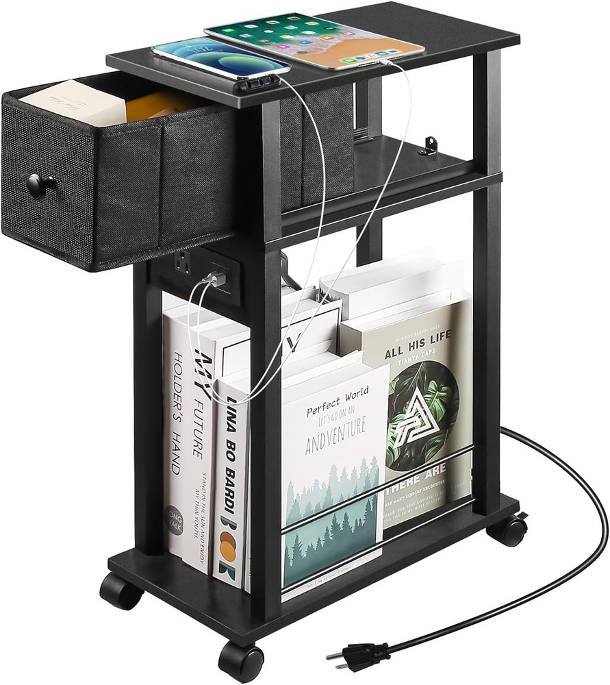 Narrow Side Table 1PC Grey & Black Two-Tone End Table W/ Charging Station Drawer