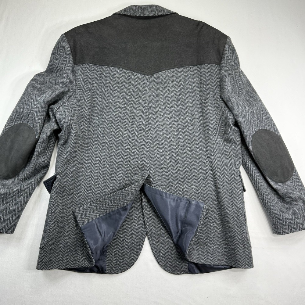 Pendleton Western Blazer Jacket 100% Wool Tweed Gray Herringbone Suede Size 48