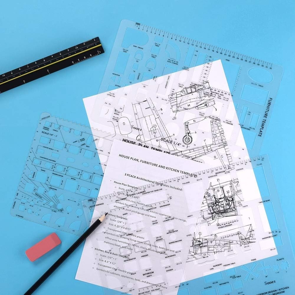 Architectural Templates Set of 3 – House Plan, Interior Design, Drafting Tools