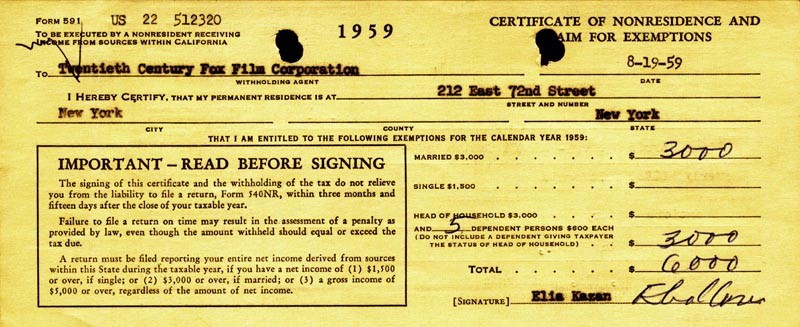 ELIA KAZAN - DOCUMENT SIGNED 08/19/1959