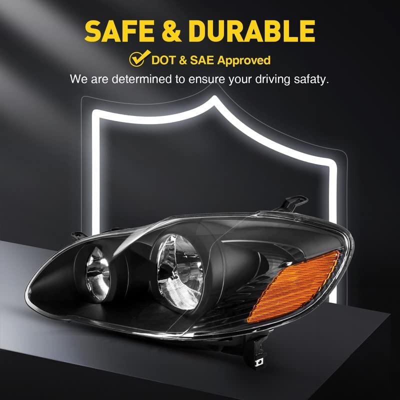 Headlight Assembly, Compatible with 2003-2008 Corolla, Amber Corner, Black