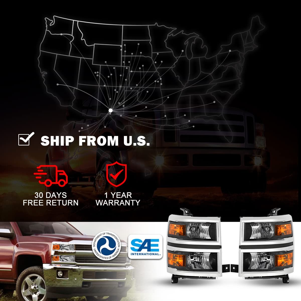 Headlights Assembly for 2014 2015 Chevy Silverado 1500 Factory Style Headlights