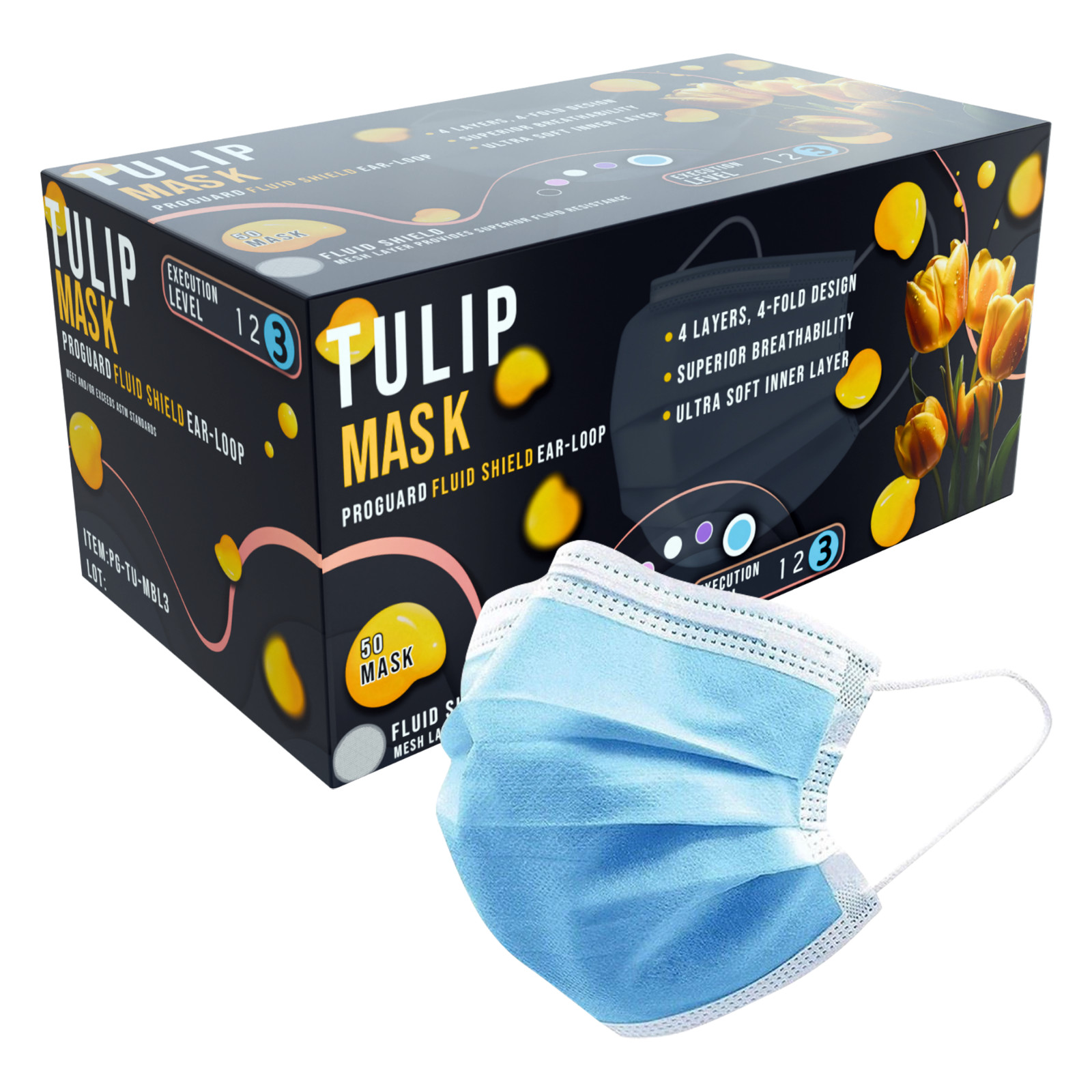 50 Blue ASTM Level 3 Face Masks 4-Ply, Disposable Surgical Medical Shield Tulip