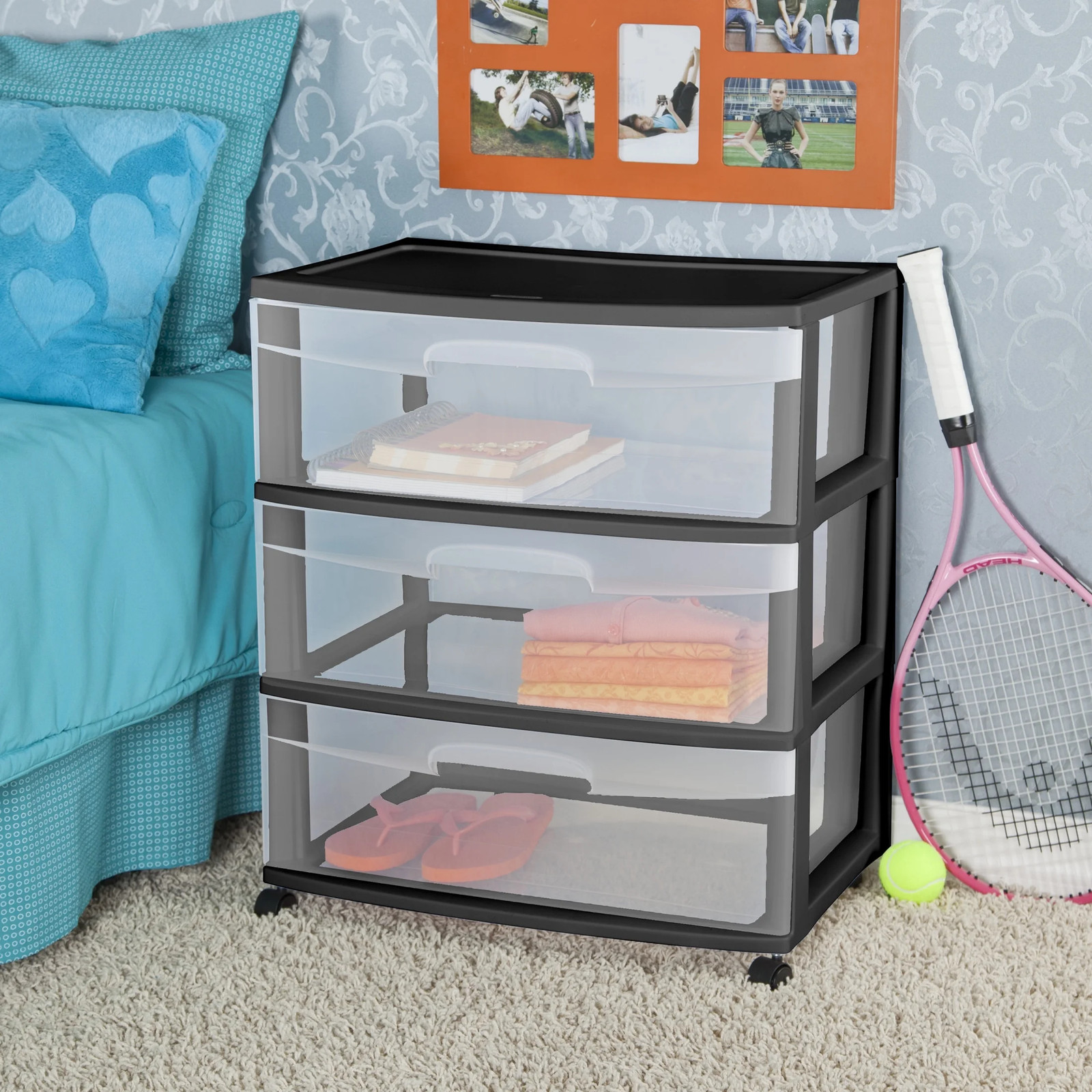 3 Drawer Wide Cart, Clear Plastic Storage Drawers, Wheels Included, Black