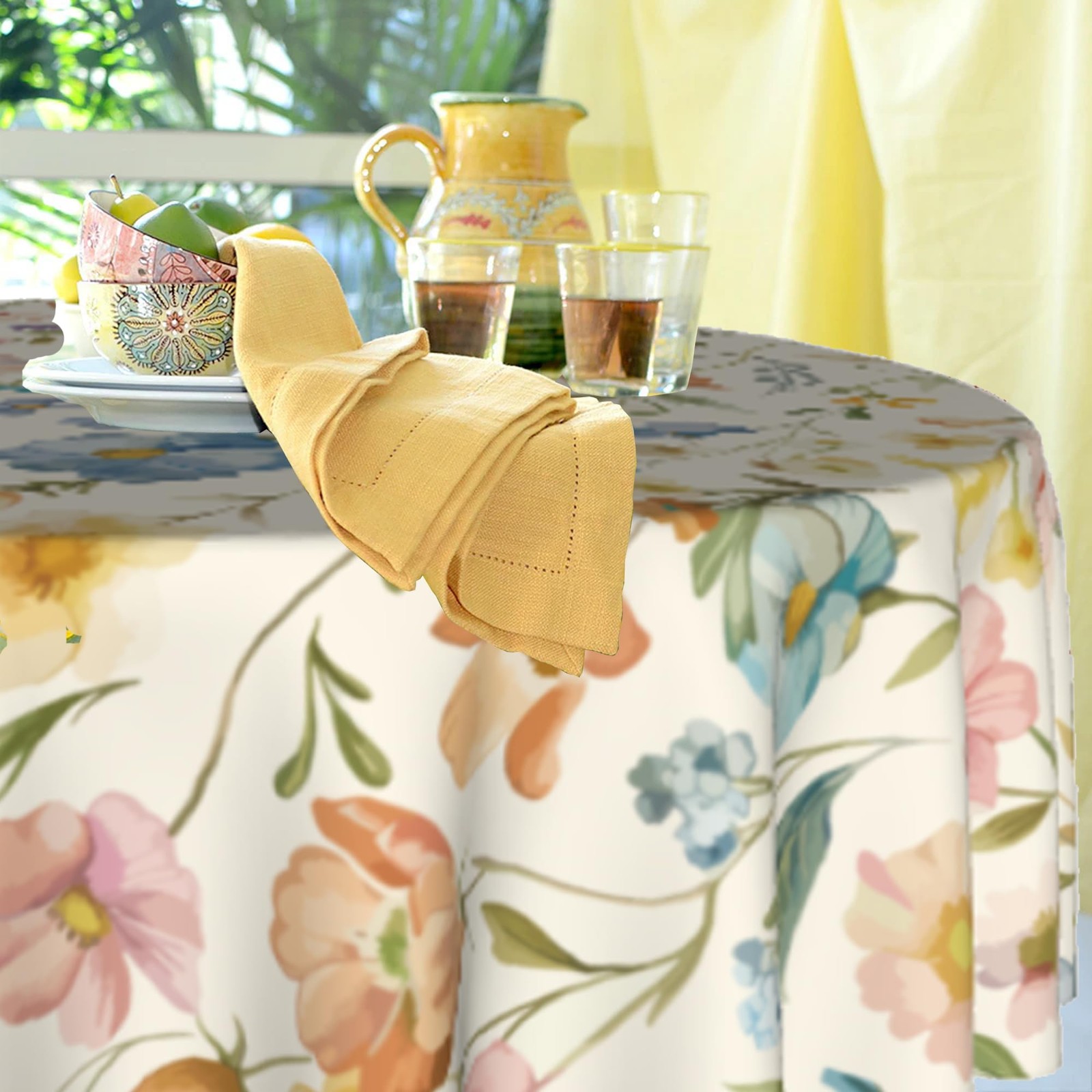 Spring Round Tablecloth 60 Inch Watercolor Flowers Table Anti-Wrinkle Waterpr...