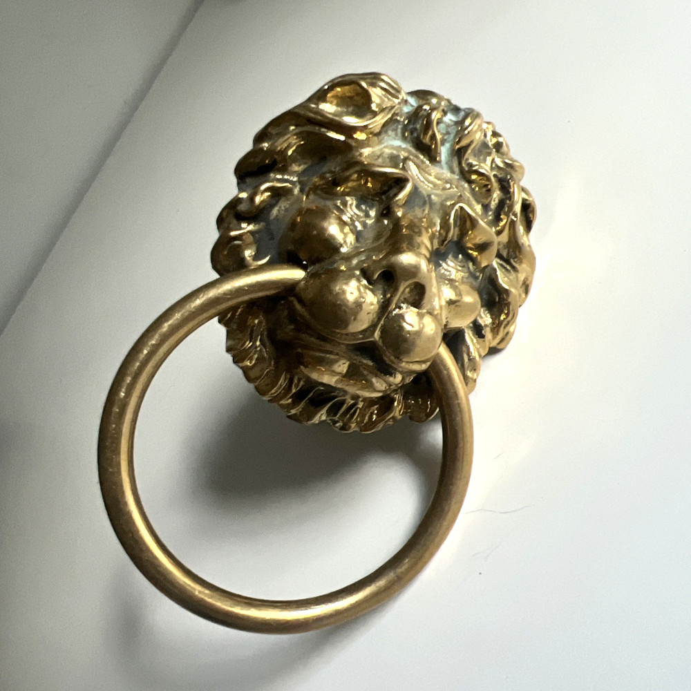 Vintage Lion Head Mask Brass Drawer Pull Ring Gold 4.5" Door Knocker Solid Large