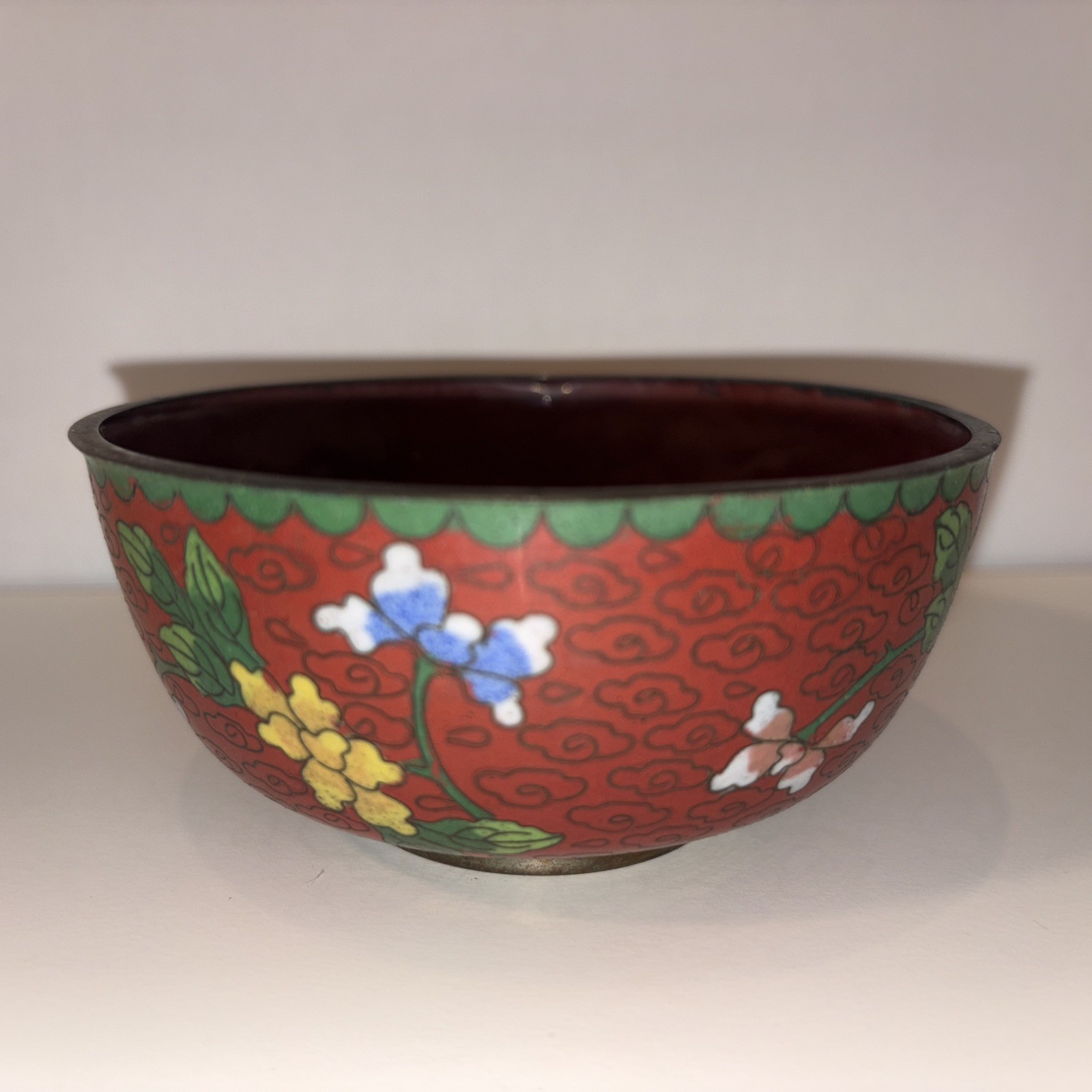 Vintage Cloisonné Enamel Bowl Maroon/green/blue China 4.5” Flowers