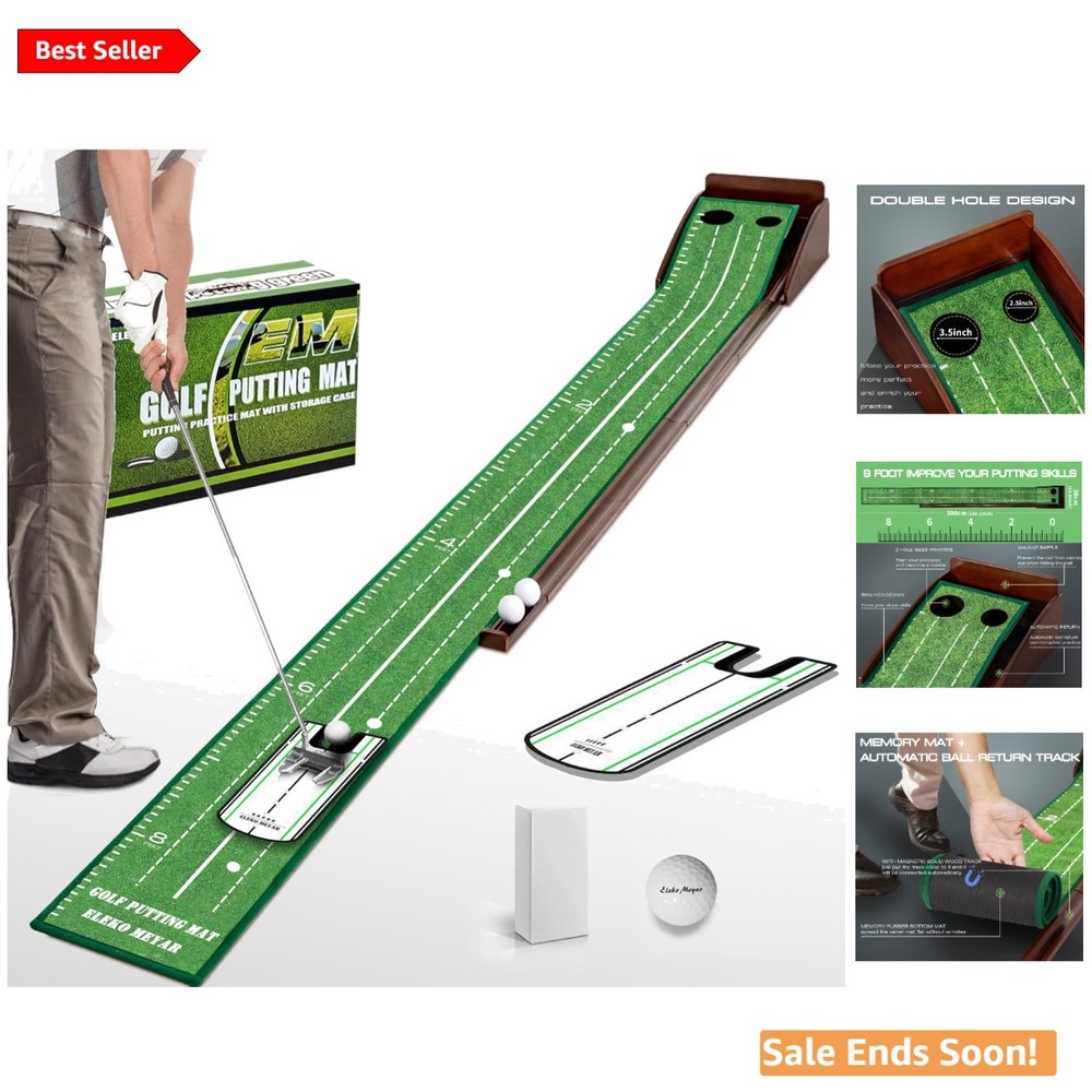 Foldable Portable Golf Putting Mat with Mirror & Automatic Ball Return System