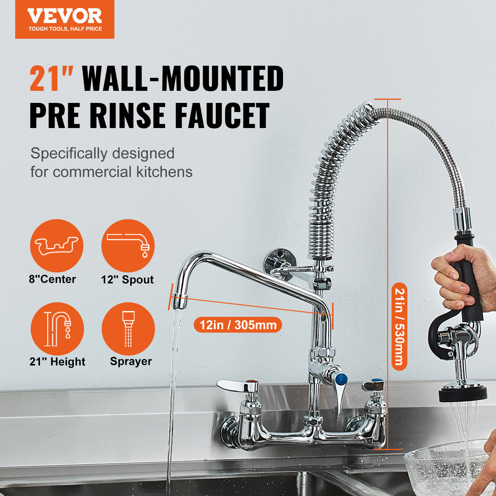 VEVOR 21" Commercial Pre-rinse Faucet Wall Mount Kitchen Sink Faucet w/ Sprayer
