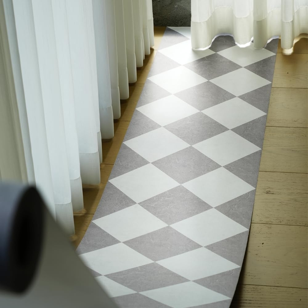 Peel and Stick Floor Tile, Grey Checkered Pattern Continuous Vinyl Roll Floor...