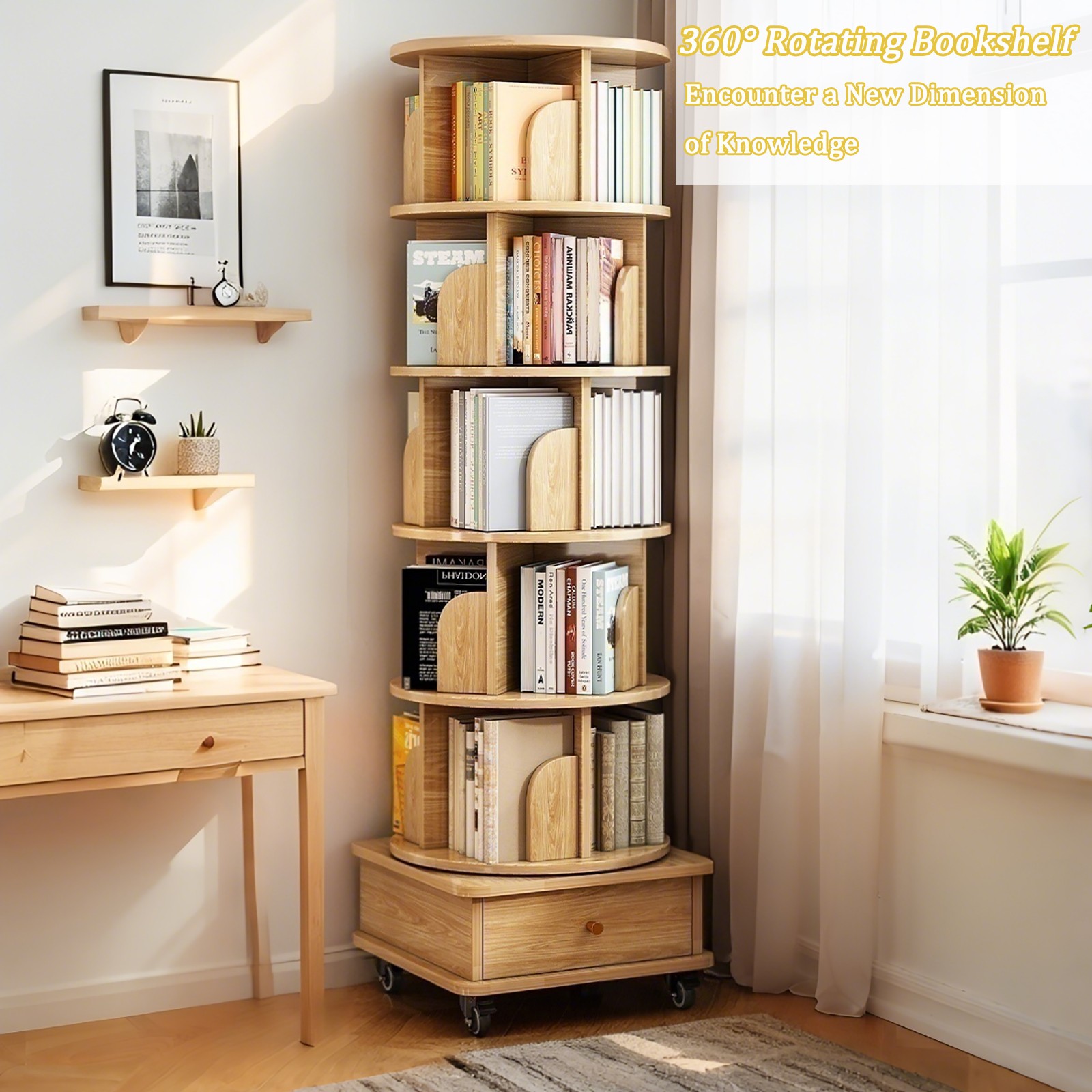 6 Tier Rotating Bookshelf, 360° Display Round Spinning Bookshelf w/ Drawer Home
