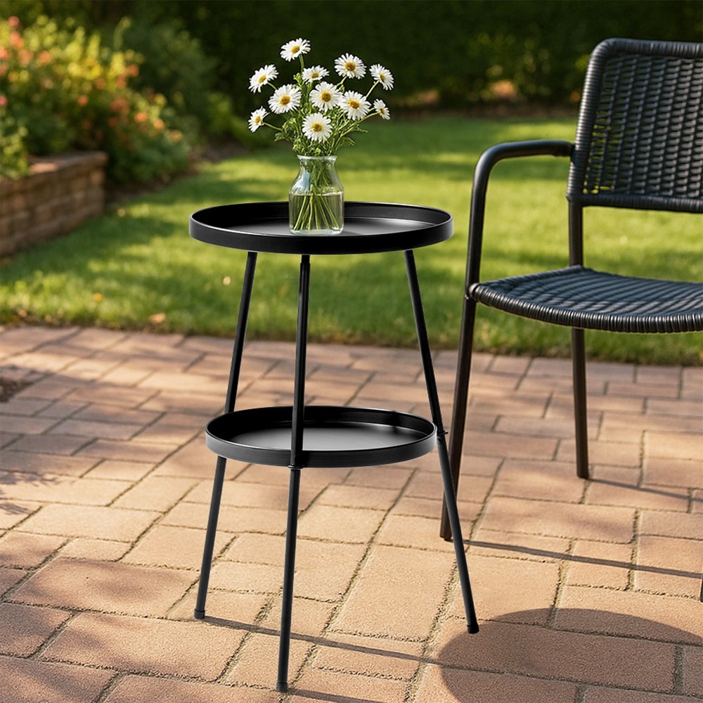 Small Patio Side Table, Round 2-Tier End Table, Metal Round Coffee Table