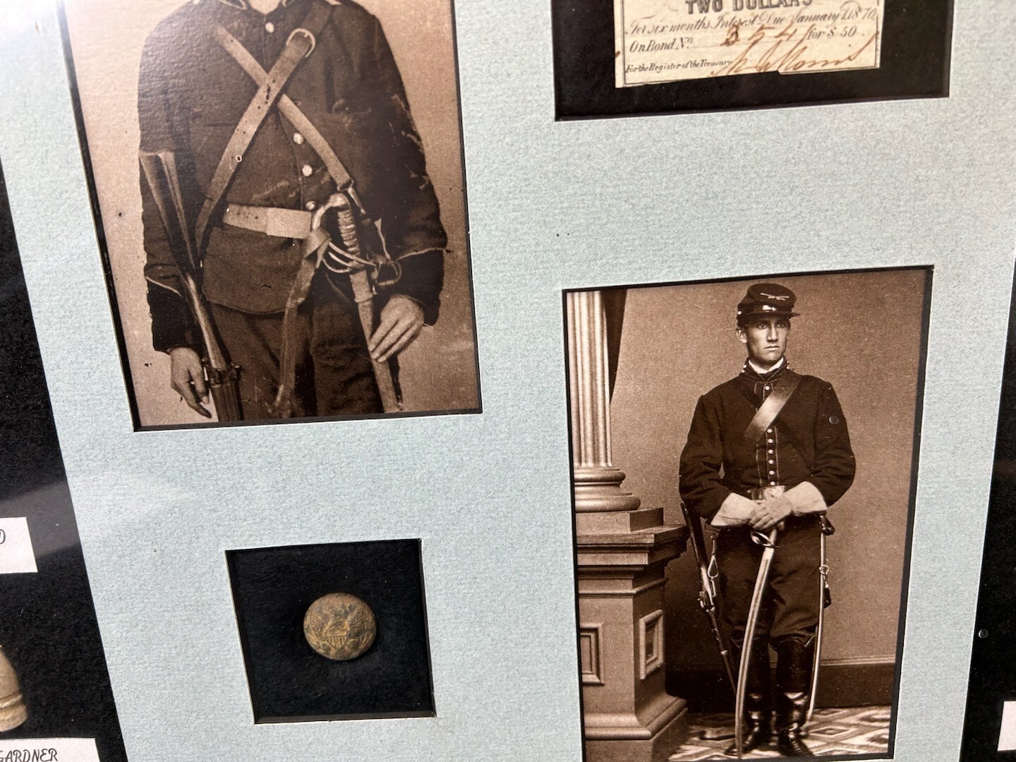 Original framed Civil War bullets and button
