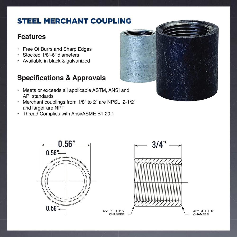 1/2" Straight Merchant Steel Coupling With Galvanized Coating