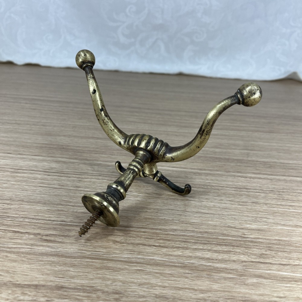 Vintage Antique Original Solid Brass 4-Post Coat & Hat Hook Wall Mount Screw In