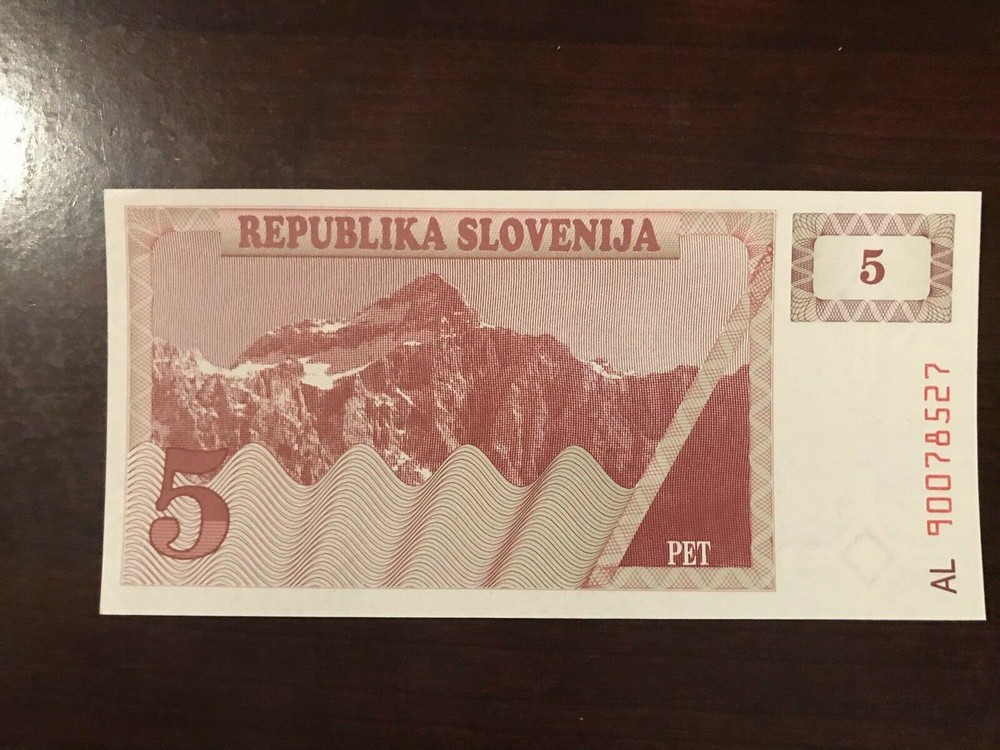 1990-92 Issue 5 Tolarjev Slovenia Banknote; Crisp, Uncirculated