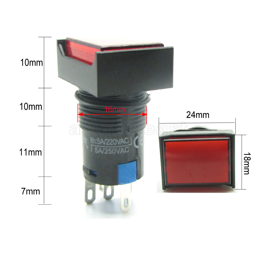 25 × Red 16mm Push Button Switch Momentary Rectangle DC 12V LED Light Bulk Lot