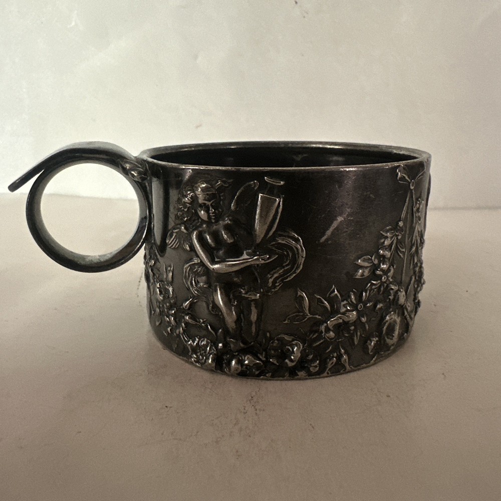 VTG Reed & Barton Silverplate Cup Mug Ornate Repoussé 1971 Gilt Floral Cherub