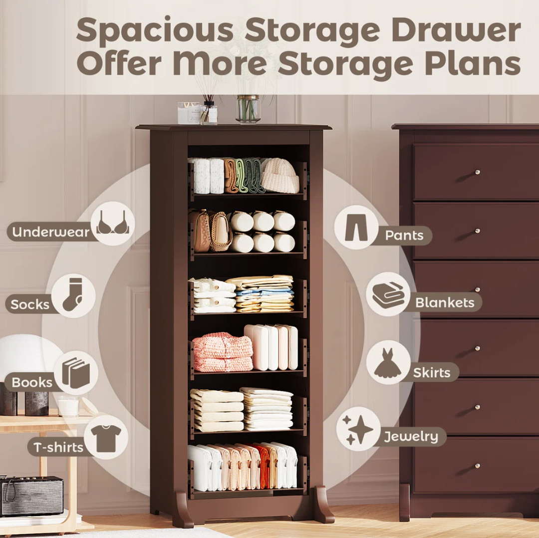 6 Drawer Chest Dresser Clothes Storage Bedroom Wood Tall Furniture Cabinet Brown