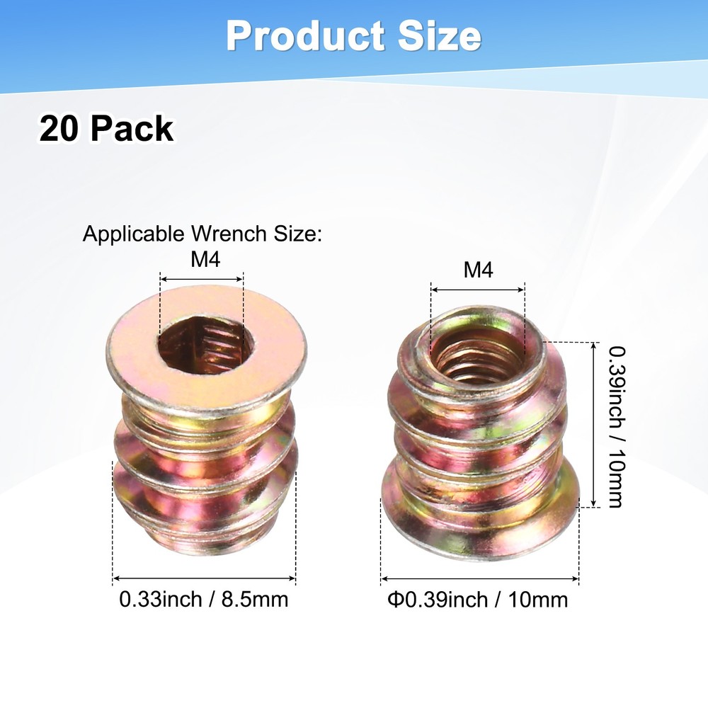 20-Pack Threaded Inserts for Wood, M4x10mm Threaded Insert Nuts [Gold Tone]