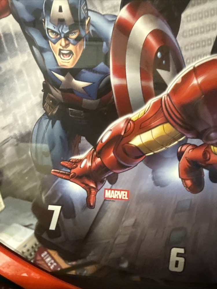 12 Inch Marvel Clock Battery Operated Featuring Avengers, Hulk, Thor, Cpt Ameri