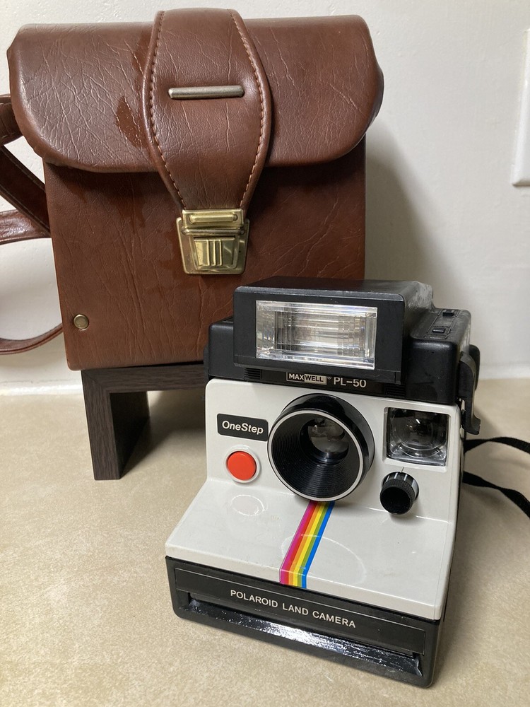 Vtg Polaroid One Step Land Camera W/ Leather Bag & Maxwell PL-50 Flash UNTESTED