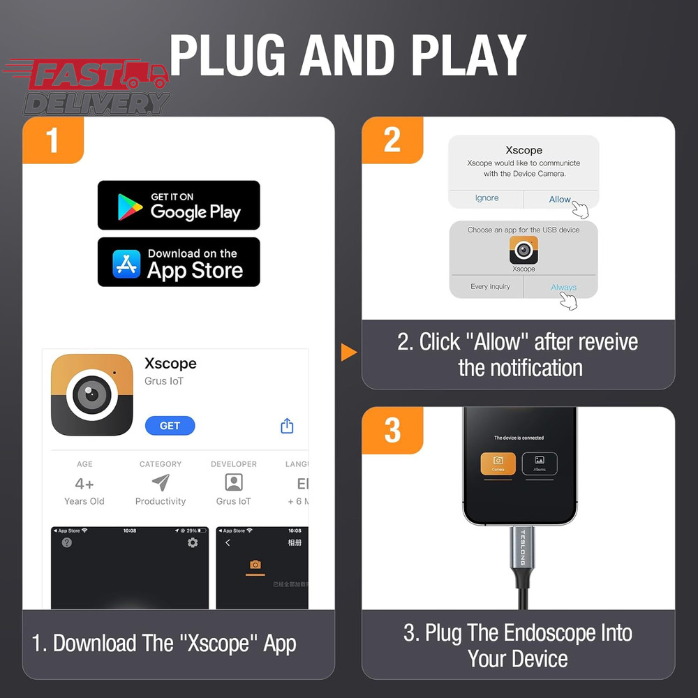 USB C Endoscope Camera with Light, Teslong Type-C Snake Borescope Camera with 8