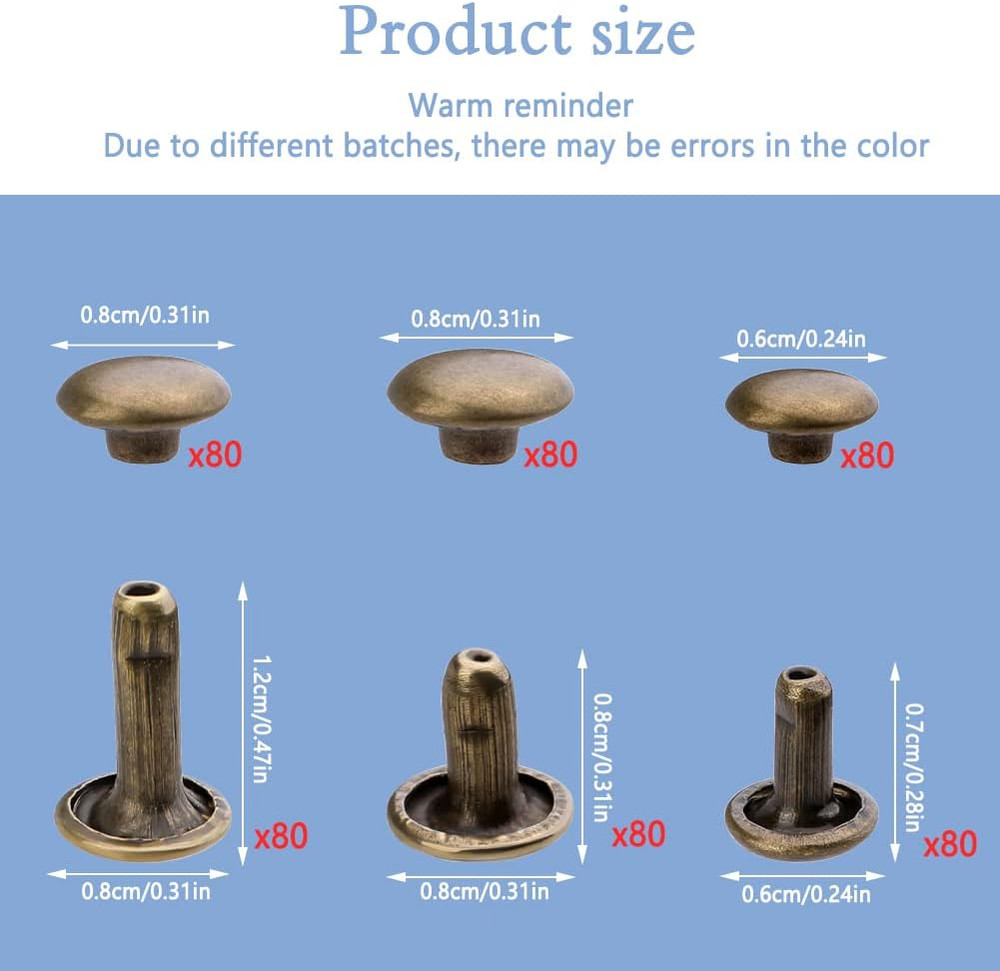 240 Sets Rivets for Leather, Leather Rivets 3 Sizes Leather Double Cap Rivets fo