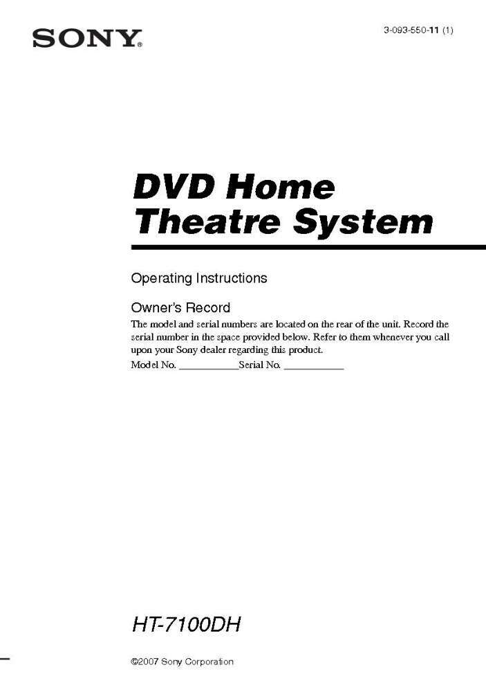 Sony HT-7100DH Home Theater System Owners Manual