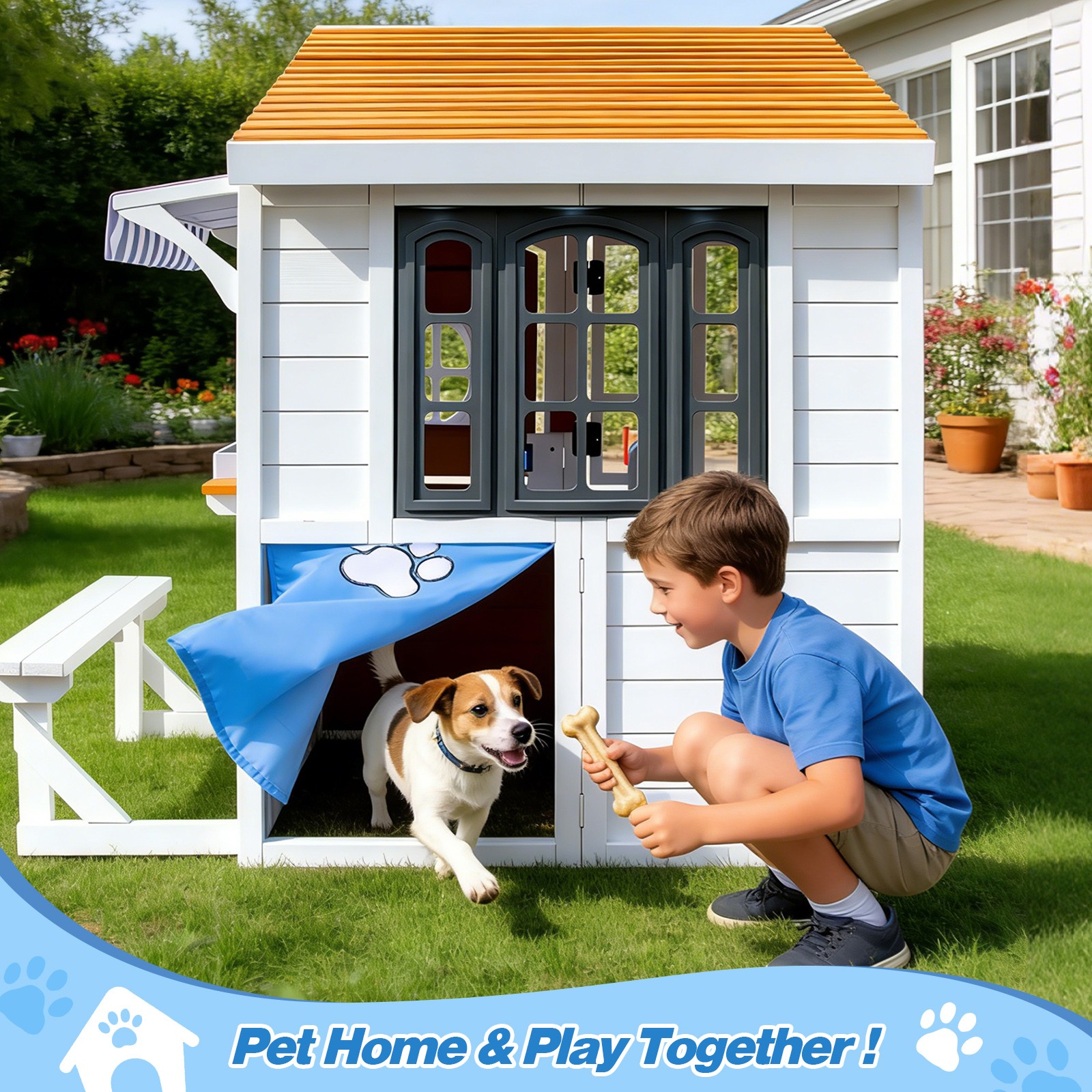 Wooden Kids Playhouse Cottage Play Kitchen,Bench,Mailbox,Tic-Tac-Toe,Chalkboards