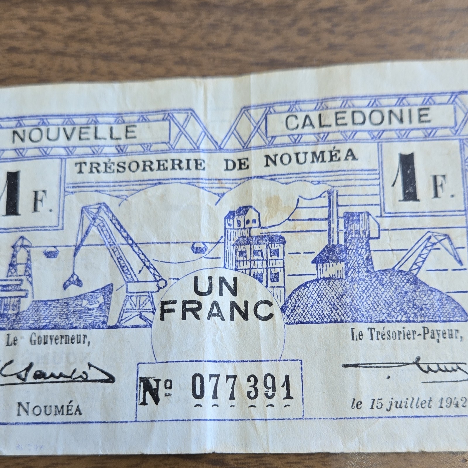 New Caledonia 1 Franc Bon de Caisse Treasury Note 1942 No. 077391