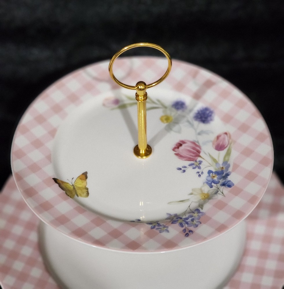 3pc Easter Bunny Pink Gingham 2-Tier Serving Tray Cookie Stand & 2 Salad Plates