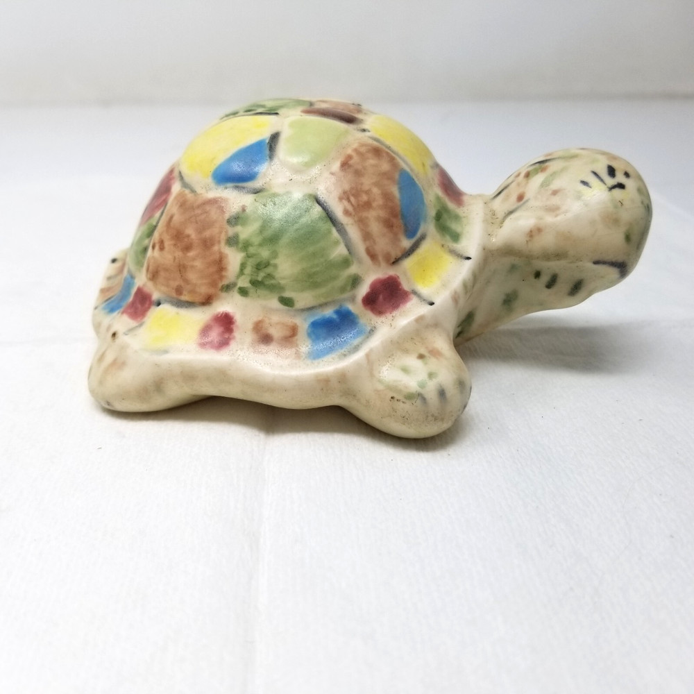 Turtle Figurine Patchwork Pastel Ceramic Tortoise Hand Painted 1970s Vtg