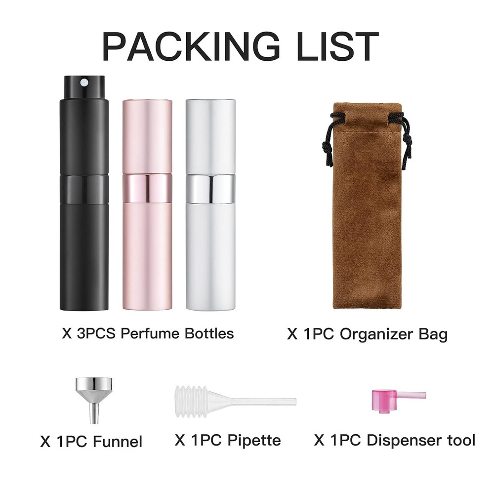 LISAPACK 8ML Atomizer Perfume Spray Bottle for Travel (3 PCS) Empty 3 Colors