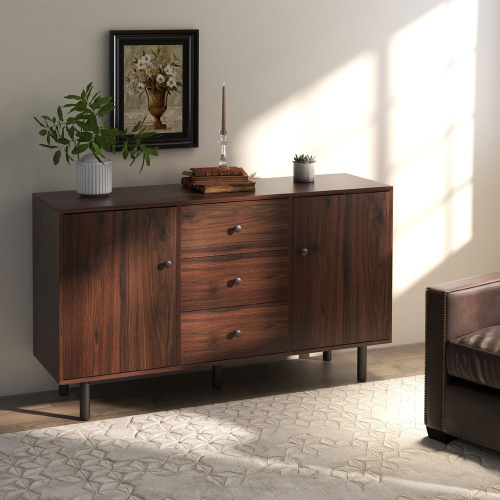 Retro Sideboard with 2 Cabinets 3 Drawers, Buffet Table Rustic Brown