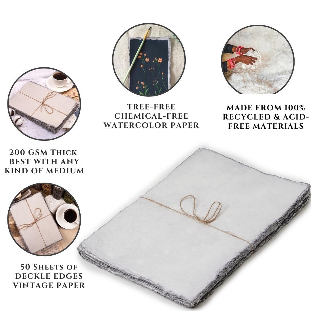 Watercolor Paper Cold Press 200 GSM Blank Handmade Cotton Deckle Edge 50 Sheets
