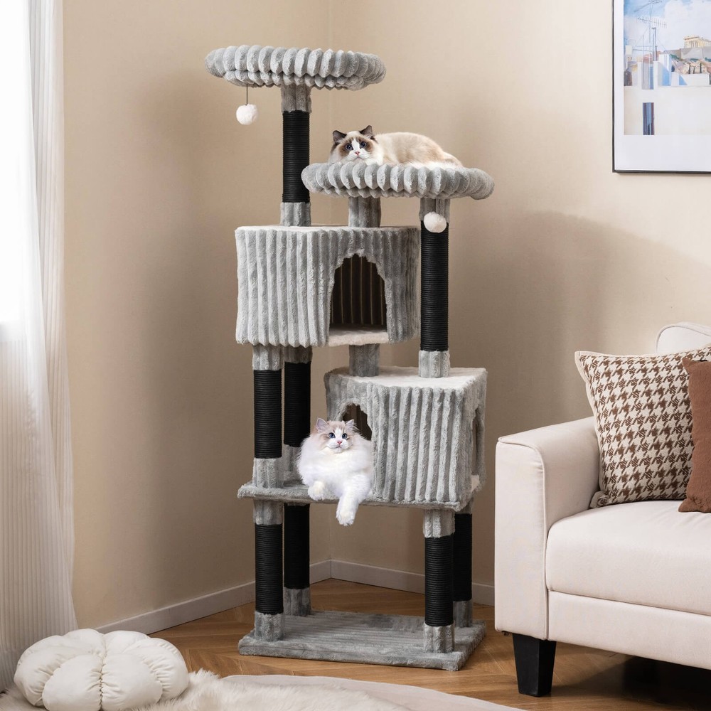 Large Multi-level Cat Tree w/2 Condos, 2 Perch Beds, Scratching Posts, Balls