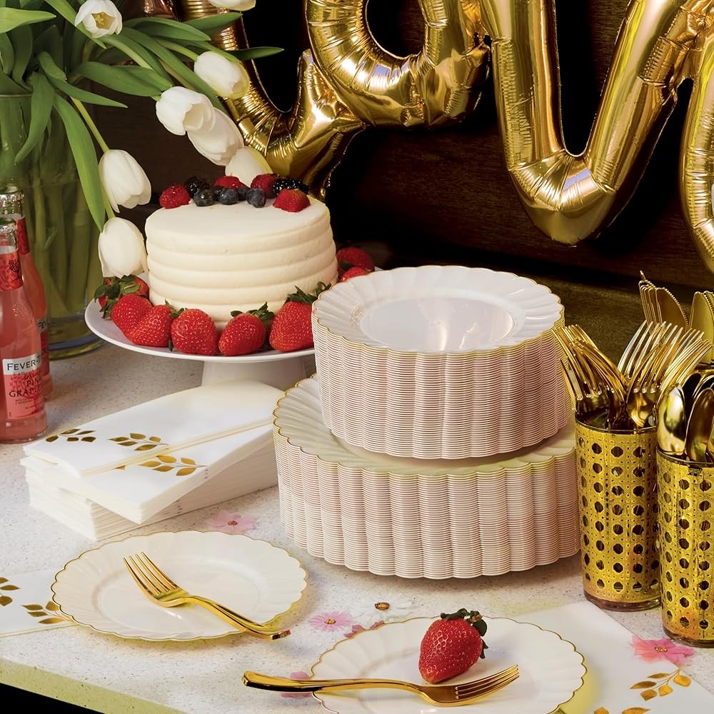 HEAVYWEIGHT 175 Pc Fancy Plastic Dinnerware Sets | Ivory