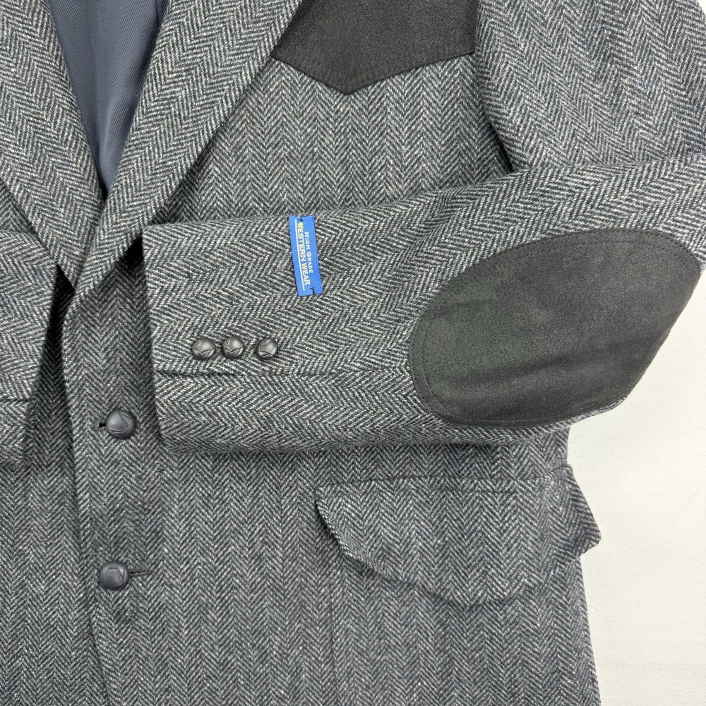 Pendleton Western Blazer Jacket 100% Wool Tweed Gray Herringbone Suede Size 48