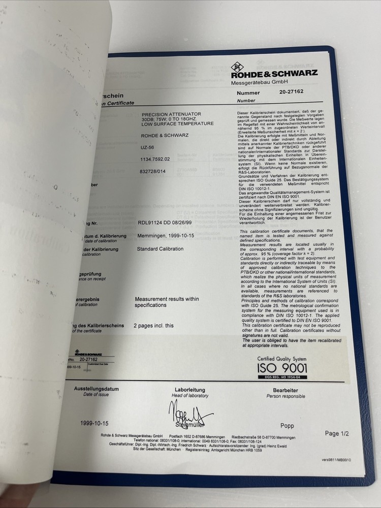 Rohde & Schwarz Calbration Documents Vintage