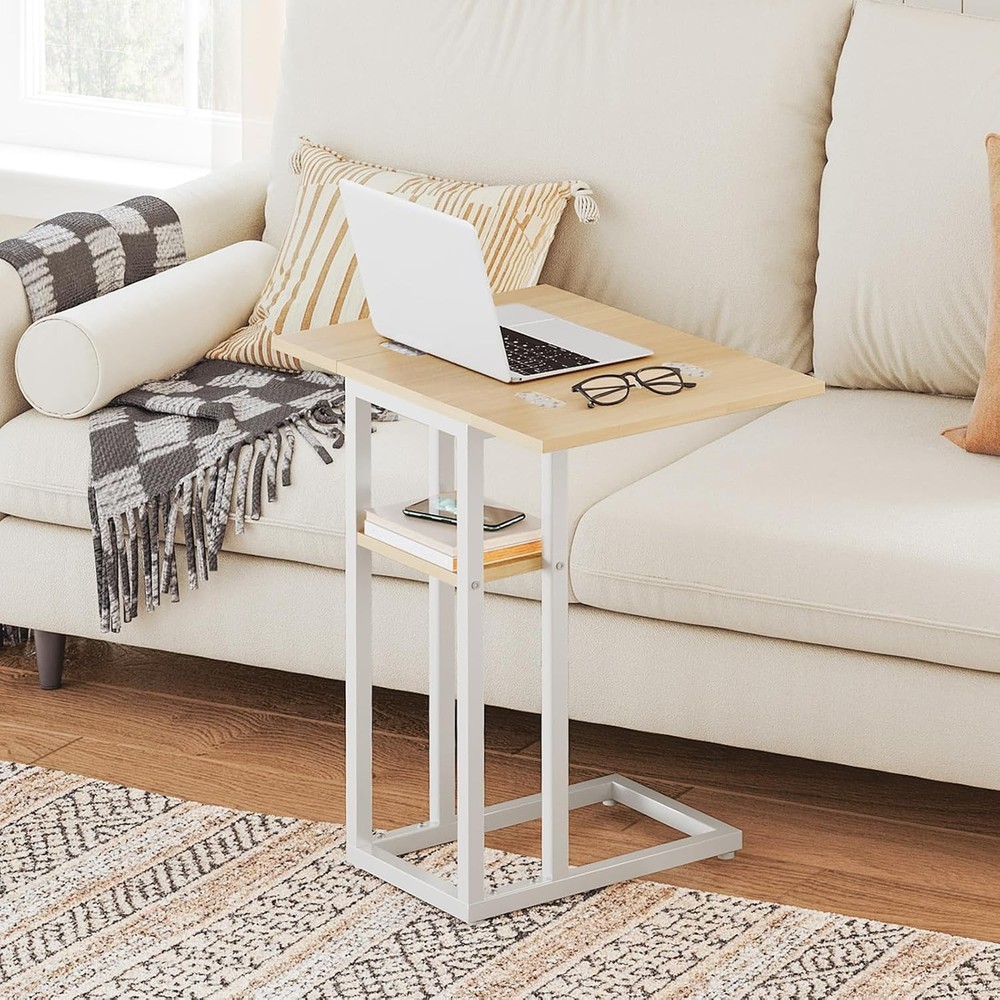 Foldable End Table C Shaped Side Table W/ Storage Shelf Small Snack Table