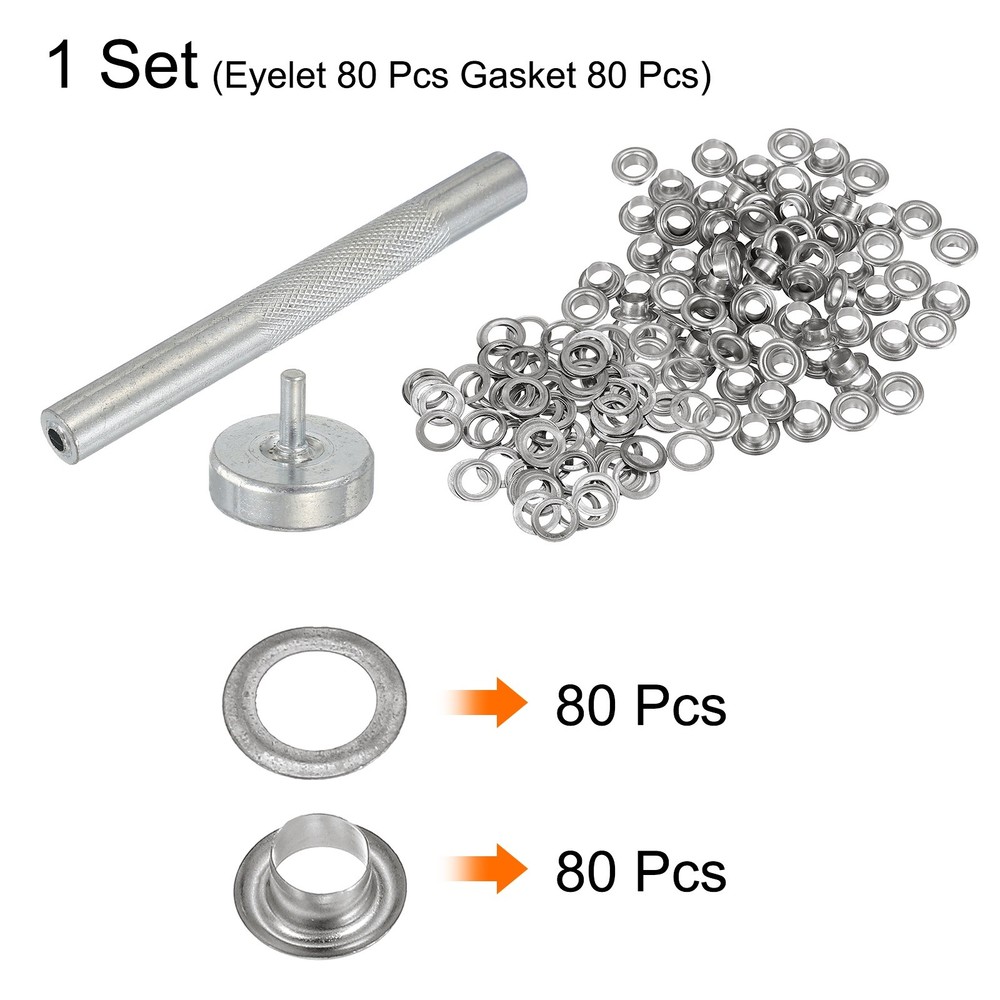 80Set Grommets Eyelets Kit 4.5mm Copper Eyelets with Setting Tool Silver