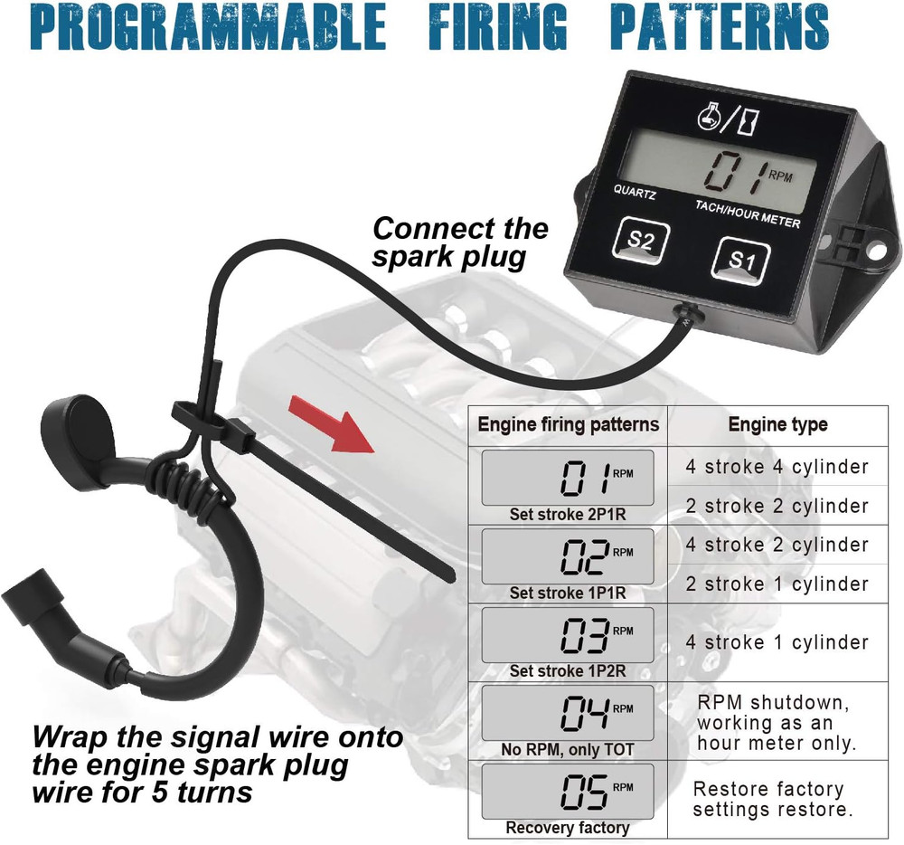 Digital Hour Meter Tachometer, Maintenance Reminder, Battery Replaceable, Automa